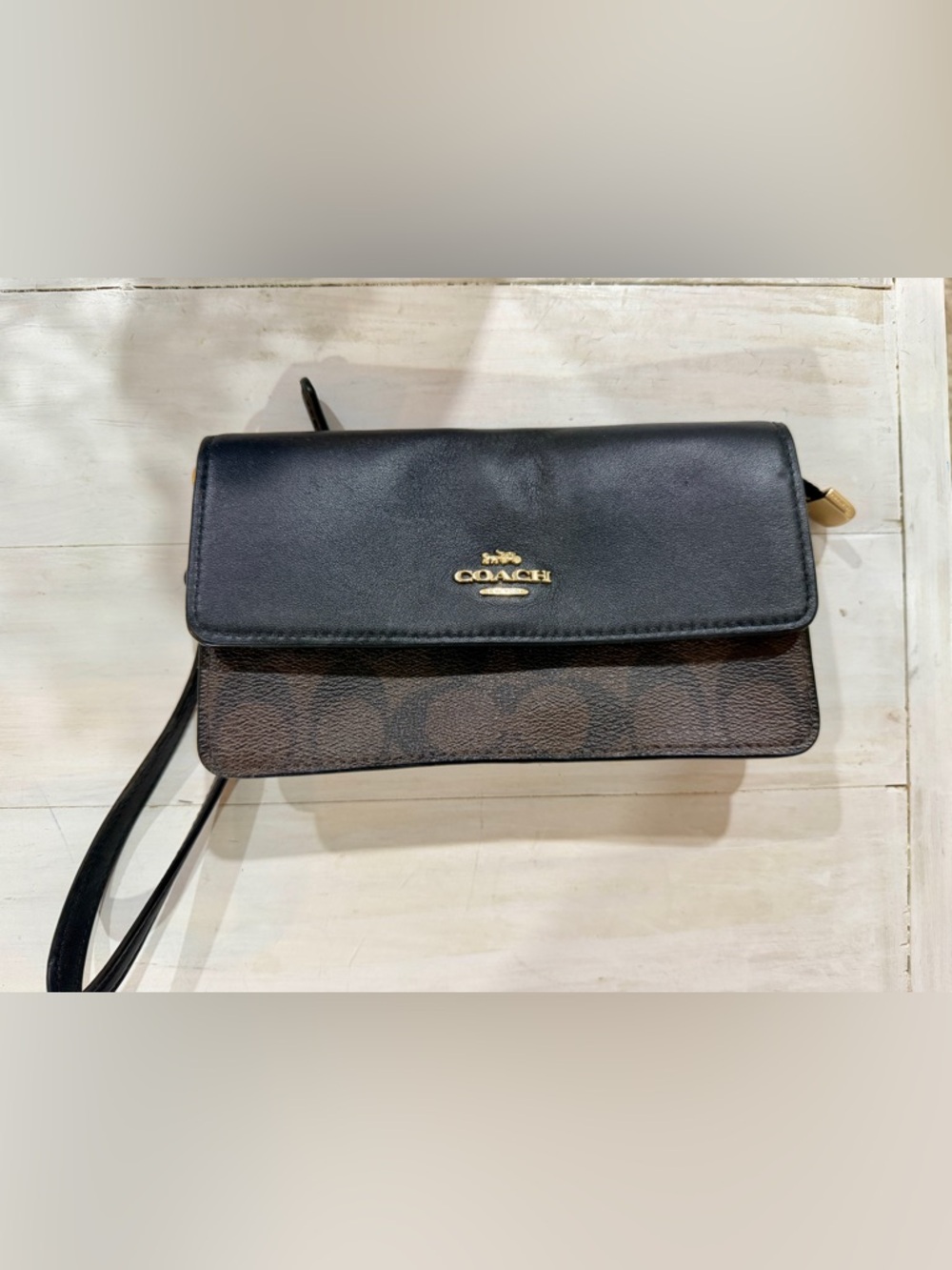 Coach Black & Brown Signature Leather Wristlet